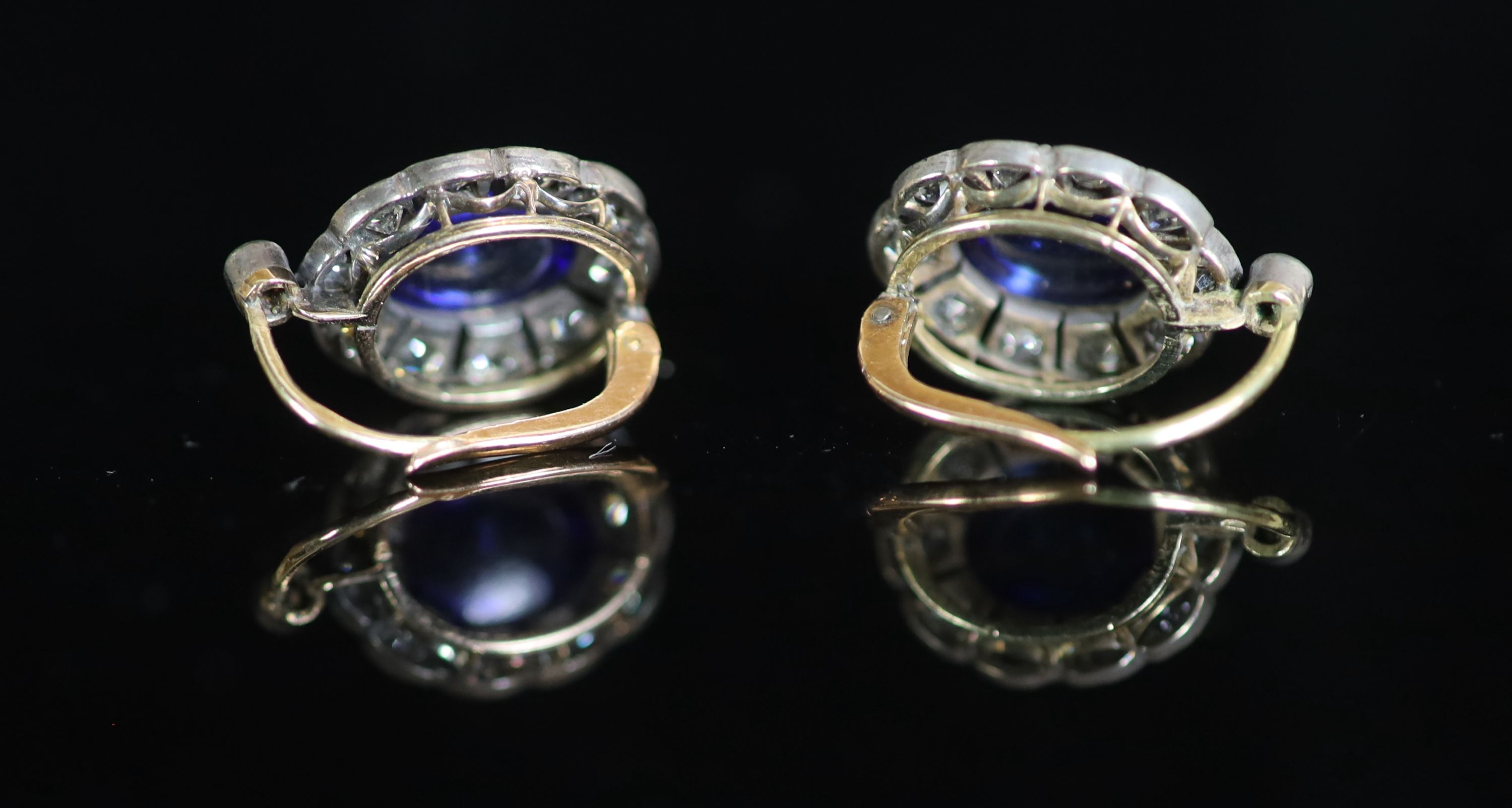 A pair of 19th century gold and silver, cabochon sapphire? and diamond set oval cluster earrings